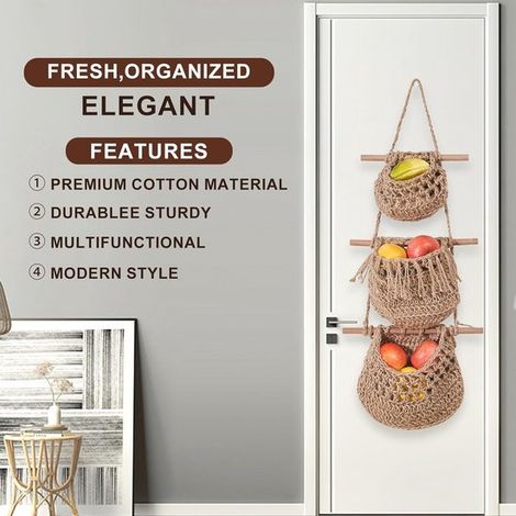 Cestino da appendere per frutta in stile boho, 3 modelli di animali, appendiabiti da porta, organizer, cestino da parete in juta fatto a mano, cestino da parete, cucina boho, decorazione da parete per (1/5)