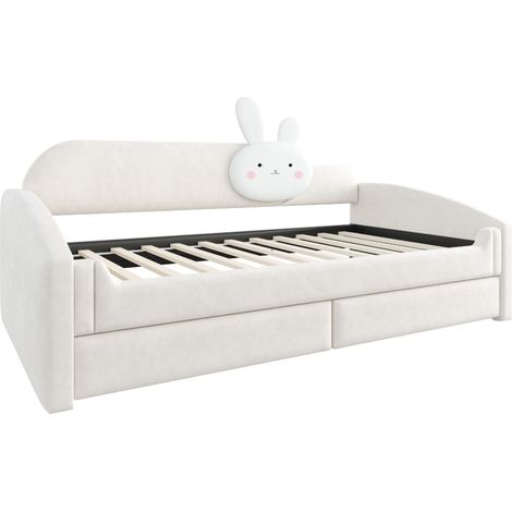 Lit canapé pour enfant 90 x 200 cm avec rangement, éclairage LED, velours beige, coussin lapin (1/5)