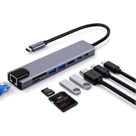 Adaptateur multiport USB-C à 8 ports avec Ethernet Gigabit, HDMI 4K, USB 3.0/2.0, lecteur de cartes SD/TF et alimentation 87 W pour MacBook, iPad, ordinateurs portables et plus encore. (1/5)