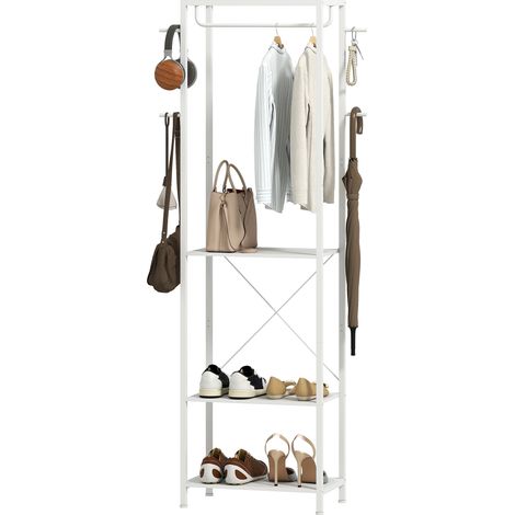 HOMCOM Appendiabiti da Terra con Scarpiera, 4 Ganci e Mensola 52x30x180cm Bianco