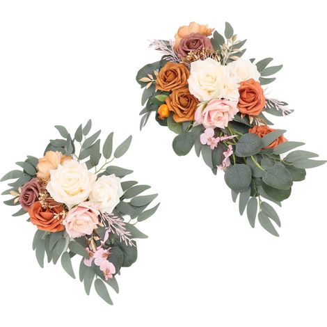 Lot de 2 arches de mariage artificielles, fleurs réalistes, panneaux de bienvenue, décoration florale raffinée et inaltérable, pour intérieur et extérieur, couleur or. (1/5)