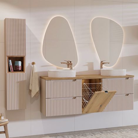 Lavabo doble de 160 cm con cesto para ropa sucia y juego de columnas Riva Cashmere y madera (1/4)
