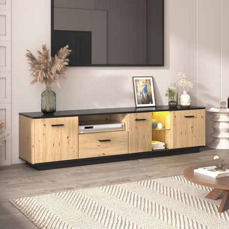 Mueble para TV de madera negra, mueble para TV LED con 1 cajón, 3 puertas, 2 compartimentos abiertos de vidrio (1/5)