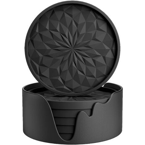 BUNTHAUS Dessous de verre en silicone avec support pour boissons chaudes ou froides, épais et antidérapants, avec plateau profond antidérapant, noir, lot de 6 (1/5)