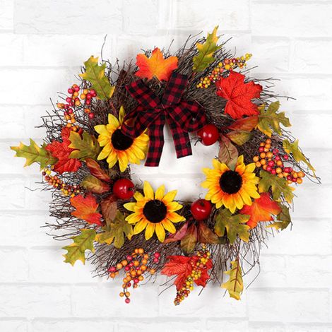 Christmas Halloween Artificial Maple Wreath Rattan with LED Light, Sunflower 45CM (1/4)