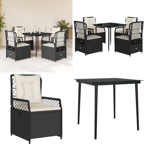 5-tlg. Garten-Essgruppe mit Kissen Schwarz Poly Rattan - Gartenstuhl - Gartentisch