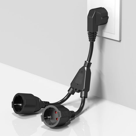 Fiche Double pour Prise de Courant 2-Fois Multiprise avec Flexible Kable 2 en 1 Schuko Câble de Rallonge Court IP20 Protection pour Intérieur et Extérieur, 16A/250V/4000W, Noir (1/5)