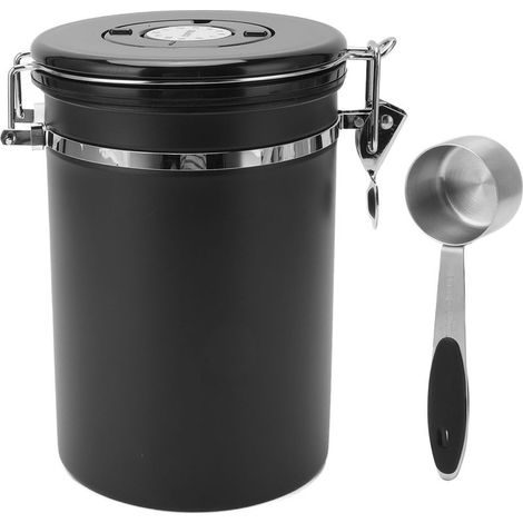 Boîte de Conservation pour Café avec Couvercle Airtight et Spoon de 30ml - En Stainless Steel 304, Tracking de Date, Capacité 1.8L, Noir (1/5)