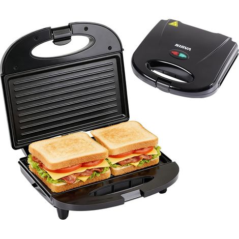 Appareil à sandwichs double - 750 W, Revêtement antiadhésif, forme classique à deux compartiments pour 2 sandwichs, chauffe rapidement, poignée isolée thermiquement, noir (1/5)