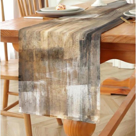 Chemin de table en lin style champêtre peinture à l'huile marron 33x183 cm résistant aux éclaboussures