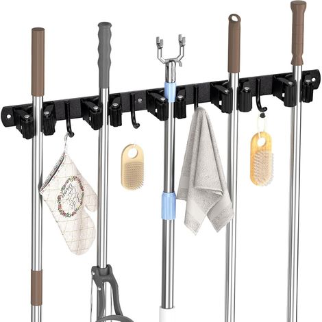 Portascope da parete, 5 portascope da parete e 4 ganci, nero, portascope con montaggio tramite foratura o adesivo, organizer per bagno, garage, attrezzi da giardinaggio, cucina