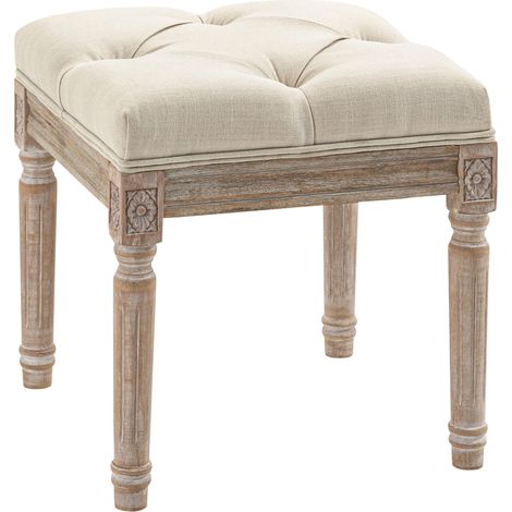 Tabouret de salon style vintage avec assise capitonnée et pieds en bois sculpté, couleur beige, 40 x 40 x 43 cm (1/5)