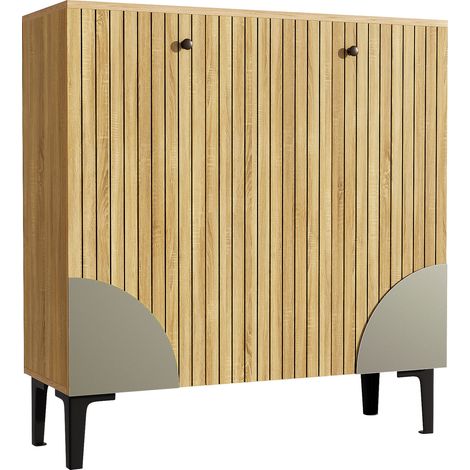 Modernes Schuhregal 90x32x94 cm in Holzoptik mit 3 Türen, Innenfächern und Ablagefläche (1/5)