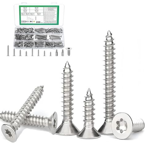 200 selbstschneidende Edelstahlschrauben – Senkkopf Torx M4 M5 – Befestigung von Holz, Metall und Kunststoff – Für Schreinerarbeiten und Heimwerkerprojekte – Sortiment in 8 Größen (1/4)