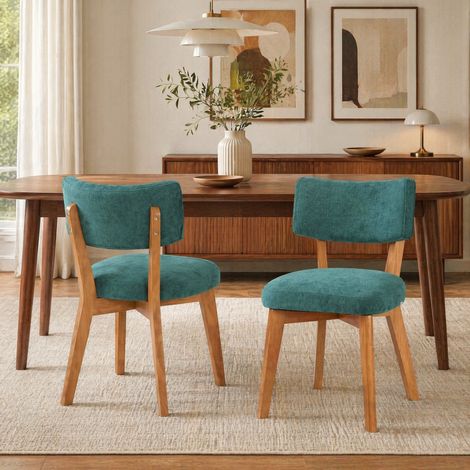 Sedie da sala da pranzo, set da 2, tessuto verde, gambe in legno, seduta imbottita HAVRYA (1/5)