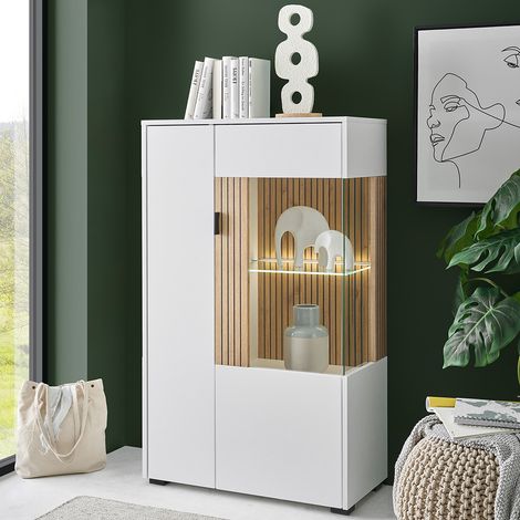 Highboard mit Glastür rechts weiß matt mit Eiche gerillt HUNTER-61 (1/5)