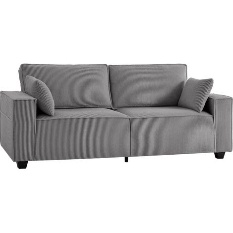 Canapé 3 places 218 cm moderne velours côtelé gris clair, ressorts ensachés, larges accoudoirs, 2 coussins