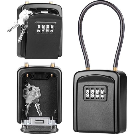 Boîte à clé sécurisée extérieure étanche – Coffre à code 4 chiffres en câble métallique pour entrepôt, porte, garage, entrée de secours – Noir