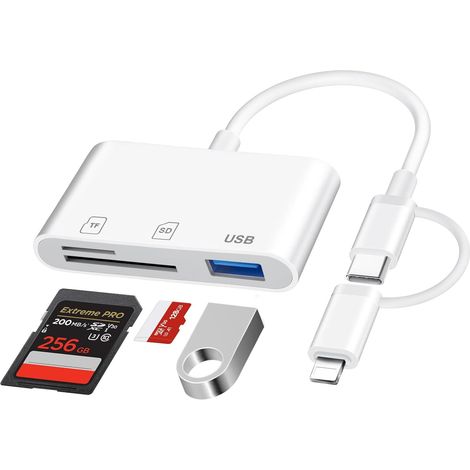 Lecteur Carte SD pour iPhone [Certifié Apple MFi] 3 en 2 Adaptateur Carte SD USB C Lightning vers SD/Micro SD/USB, Adaptateur de Carte Mémoire, SD Card Reader pour iPhone 16/15/14 iPad Android (1/5)