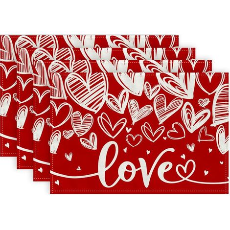 4 sets de table réutilisables en lin, 30x45 cm, motif cœur et mots 'LOVE' / 'KISS', pour décoration Saint-Valentin, intérieur et extérieur (1/5)