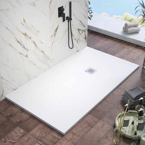Receveur de douche 90 x 140 cm en marbre synthétique blanc effet pierre Kos (1/4)