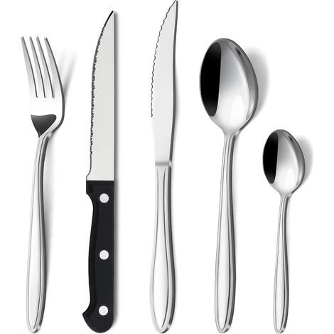 couverts de table, couverts avec couteau à steak, élégant menagere en acier inoxydable avec couteau fourchette cuillère, lavable au lave-vaisselle (1/5)