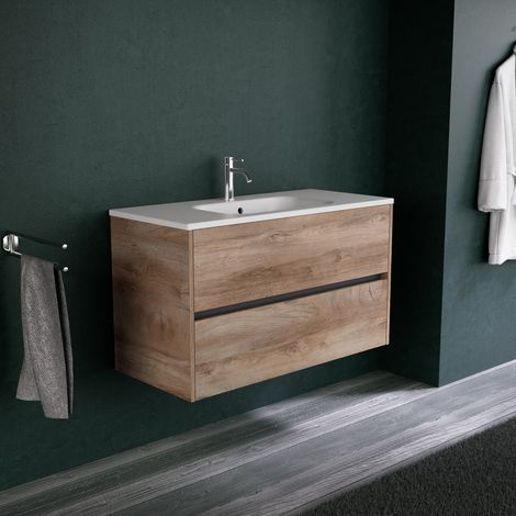 Inda - Badezimmerschrank 2 Schubladen L.100 mit mattem Waschbecken / Natureiche - Diamante (1/5)