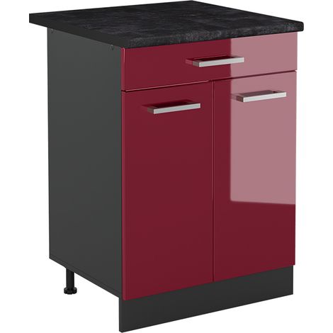 Mueble bajo de cocina R-Line, Rojo de alto brillo/Antracita, 60 cm con cajón encimera Antracita, Vicco (1/5)