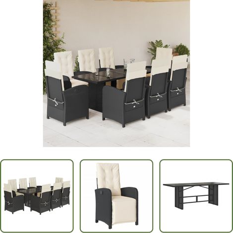 vidaXL Gartenessgruppe - 9-tlg. Garten-Essgruppe mit Kissen Schwarz Poly Rattan (1/5)