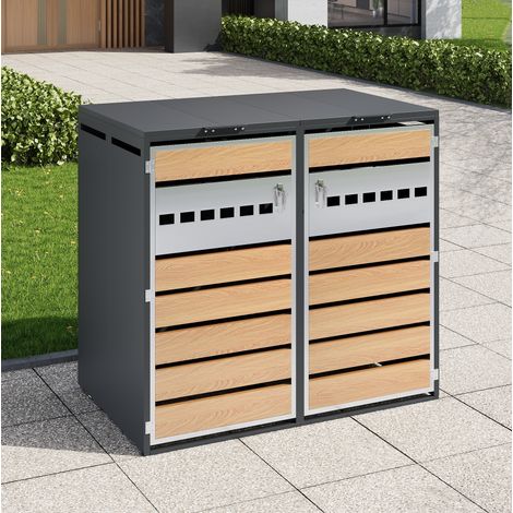 Abri poubelles 132x80x118,5 cm acier galvanisé gris, double compartiment pour jardin – MEUBLIV (1/5)
