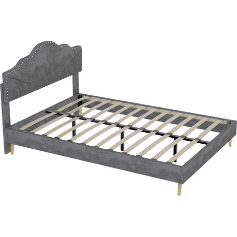 Niedriges Polsterbett grau 160x200 cm mit geometrischem Kopfteil MODENUIT (1/5)