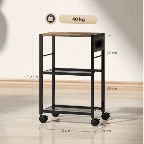 Support imprimante mobile en MDF rustique avec prises EU, USB et USB-C, 42x28x64,5 cm, capacité 40 kg (1/5)