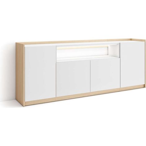 Aparador Antequera-01 de 207x80x37 cm con 4 puertas y luces LED, blanco y roble soft (1/4)