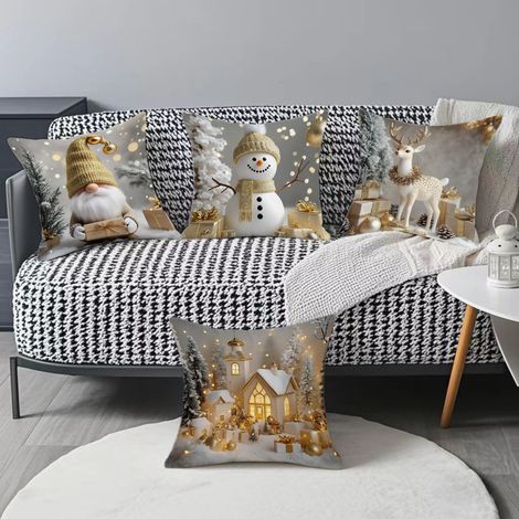 Lot de 4 taies d'oreiller de Noël dorées avec flocons de neige et motif cerf rustique, 45 x 45 cm Taies d'oreiller décoratives de Noël (1/5)
