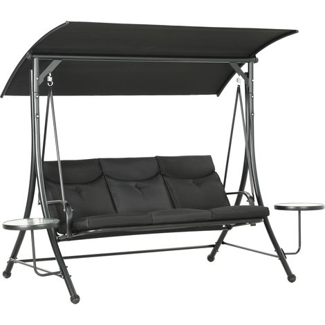 Hollywoodschaukel, Schaukelbank, 3-Sitzer Gartenschaukel mit verstellbarem Sonnendach, 278 x 135 x 177 cm, Schwarz