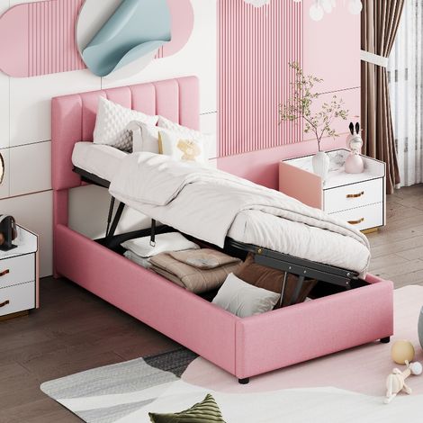 Kinderbett Polsterbett 90x200 cm in Rosa mit hydraulischem Stauraum, höhenverstellbarem Kopfteil und Lattenrost aus Leinenstoff (1/5)