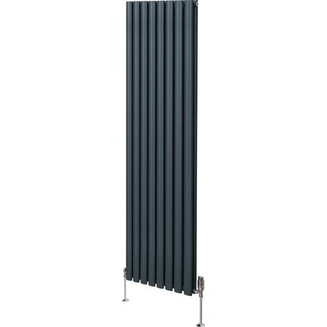 Radiatore a colonna ovale 1800mm x 480mm e valvole cromate TRV Designer Doppio pannello Termosifone Grigio antracite Acciaio Orizzontale Inclusi Spazzola per la pulizia Kit di fissaggio e staffe