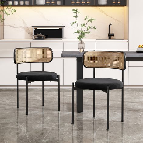 2er-Set Samt-Esszimmerstühle im modernen, schlichten Design mit vier Metall-Stützbeinen und Rattan-Optik – für Wohn- und Schlafbereich, schwarz,MIVRAY