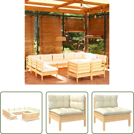 Terrassensofa - 11-tlg. Garten-Lounge-Set mit Creme Kissen Massivholz Kiefer (1/5)