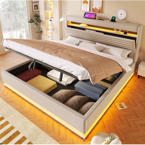 Bett 180x200 cm modern gepolstert in Beige, Leinen, Kopfteil mit USB/Typ-C, LED und hydraulischem Stauraum