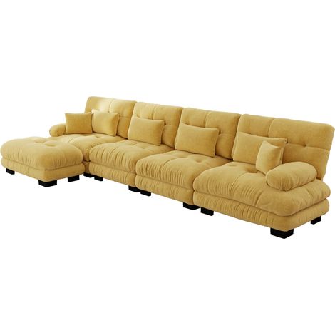 Modulares Ecksofa L 4-Sitzer aus gelbem Chenille mit mobilem Hocker MODENUIT (1/5)