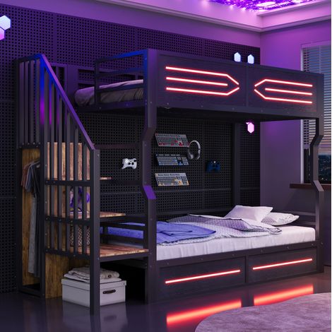 letto contenitore 90x200 LED scala armadio in metallo OKMYHOME (1/5)