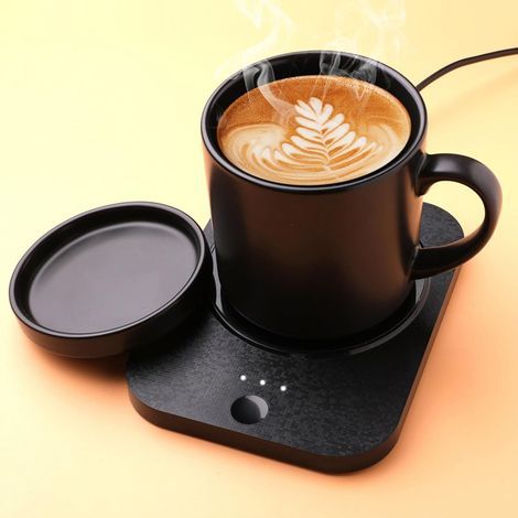 Intelligentes Tassenwärmer-Set, 355 ml selbstheizende Tasse mit kabelloser QC3.0-Ladefunktion für Smartphones, Tischgetränkewärmer mit Temperaturregelung, Schwarz, Sockel (1/5)