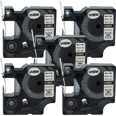 vhbw 5x Label Tape compatible with Dymo Rhino 6000, 5200, 4200 Label Printer, Black on White, Heat Shrink Tape, 19 mm (1/4)