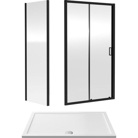 Balterley Sliding Shower Suite with 6mm Safety Glass Door, Side Panel & 1400 x 900mm Shower Tray in Matt Black Frame (1/3)