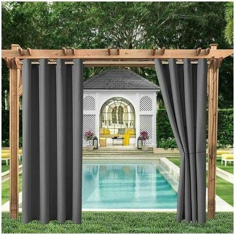 Rideaux d'extérieur pour jardin, terrasse ou gazebo : occultants, coupe-vent, anti-UV, résistants à la moisissure, isolants thermiques, avec œillets, 120 cm x 150 cm, 2 panneaux, gris foncé. (1/5)