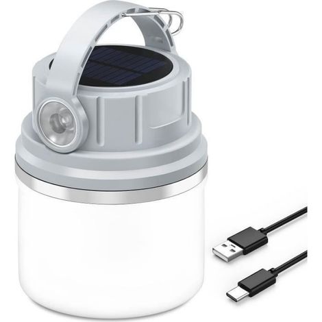 Lanterne Camping LED, Lampe Camping Solaire USB Rechargeable, 4 Modes Luminosité, Eclairage Camping Etanche Portable, Gris (1/5)