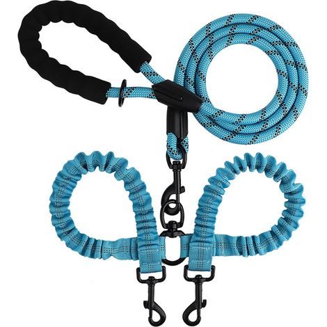Laisse double pour chien - Laisse réfléchissante à double extrémité - Laisse en nylon extensible avec poignée confortable - Bleue (1/4)