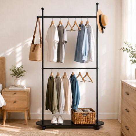 Portant à vêtements noir avec 2 tringle – Acier Inoxydable, 80 x 30 x 185 cm – Pour chambre, salon, entrée (1/5)