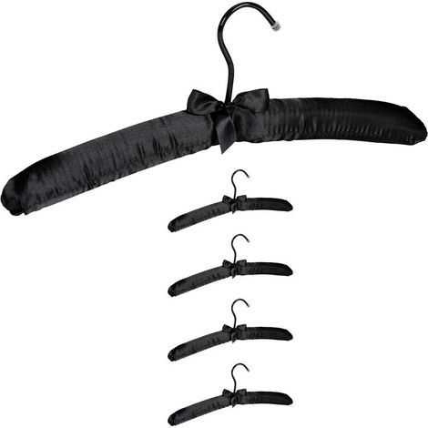 Set aus 5 mit Satin gefütterten Drehkleiderbügeln mit Zierschleife, aus Holz, Stoff und Metall, 38 cm breit, schwarz (1/4)